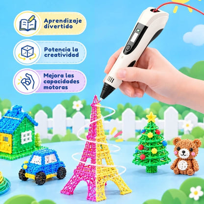 Boli de Dibujo 3D - Con 9m de Filamentos en 3 colores y cuaderno para dibujar con plantillas
