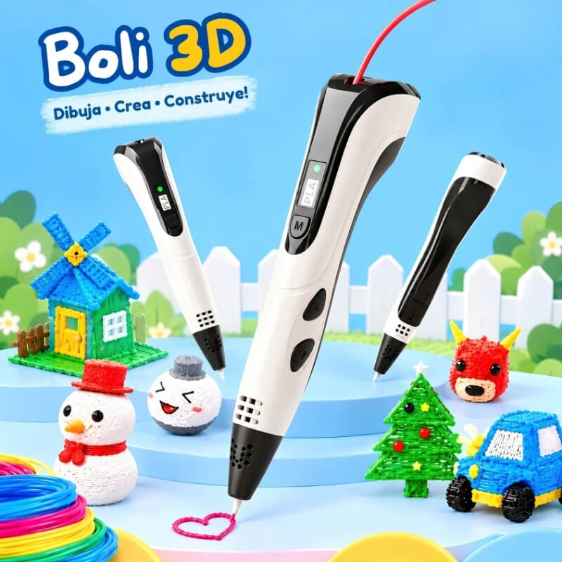 Boli de Dibujo 3D - Con 9m de Filamentos en 3 colores y cuaderno para dibujar con plantillas