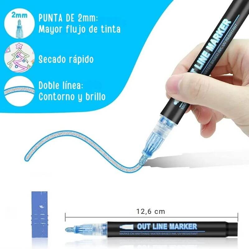 Rotus brillantes - Pack de 8 Rotuladores de gel con contornos y relleno brillante